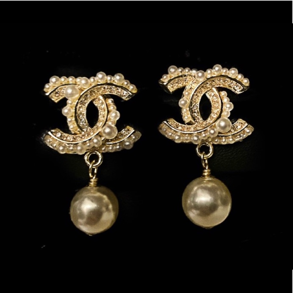 Chanel Gold and Pearl CC Drop Dangle Earrings